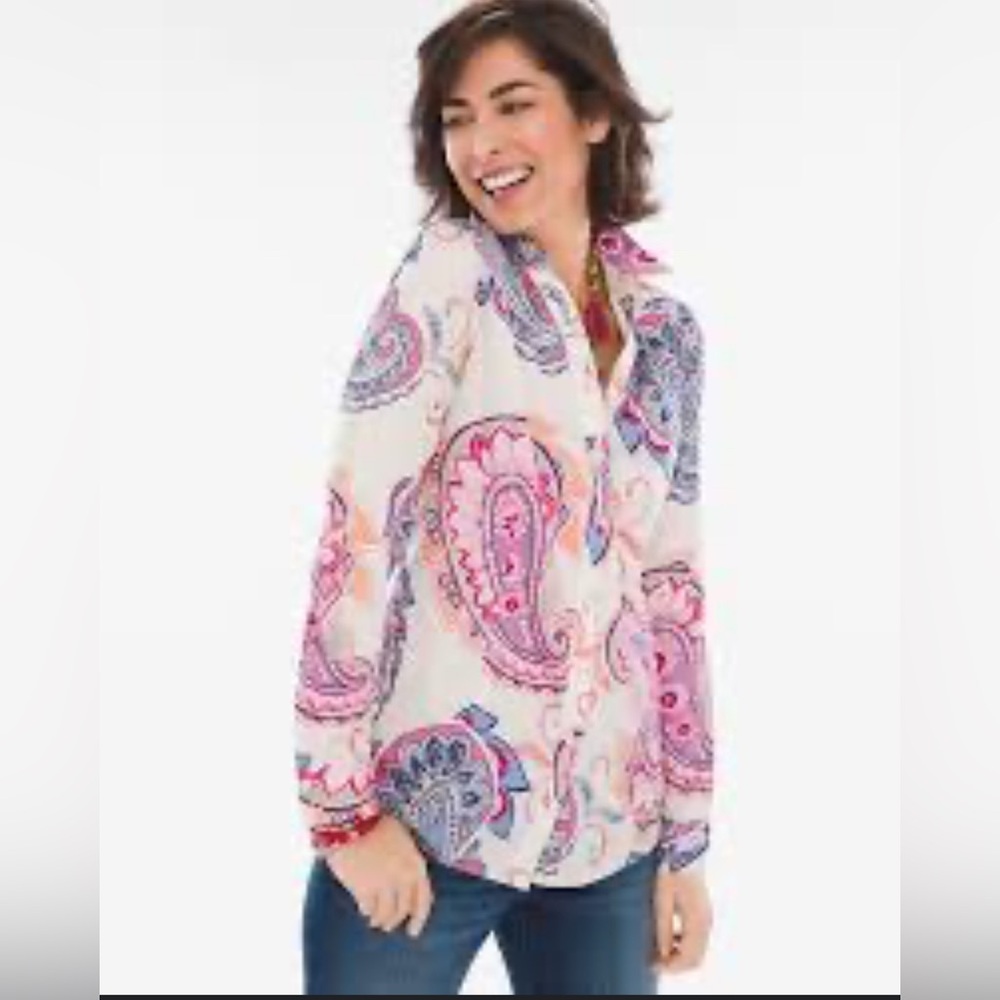 Chico’s No Iron Paisley Button Up Shirt Size 2 Pink Blue 100% Cotton